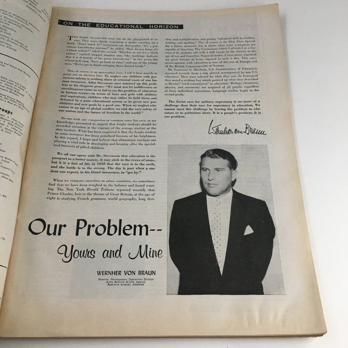 Interior page of VTG The Instructor Magazine September 1958, featuring an article by Wernher Von Braun titled 'Our Problem--Yours and Mine,' discussing educational issues.