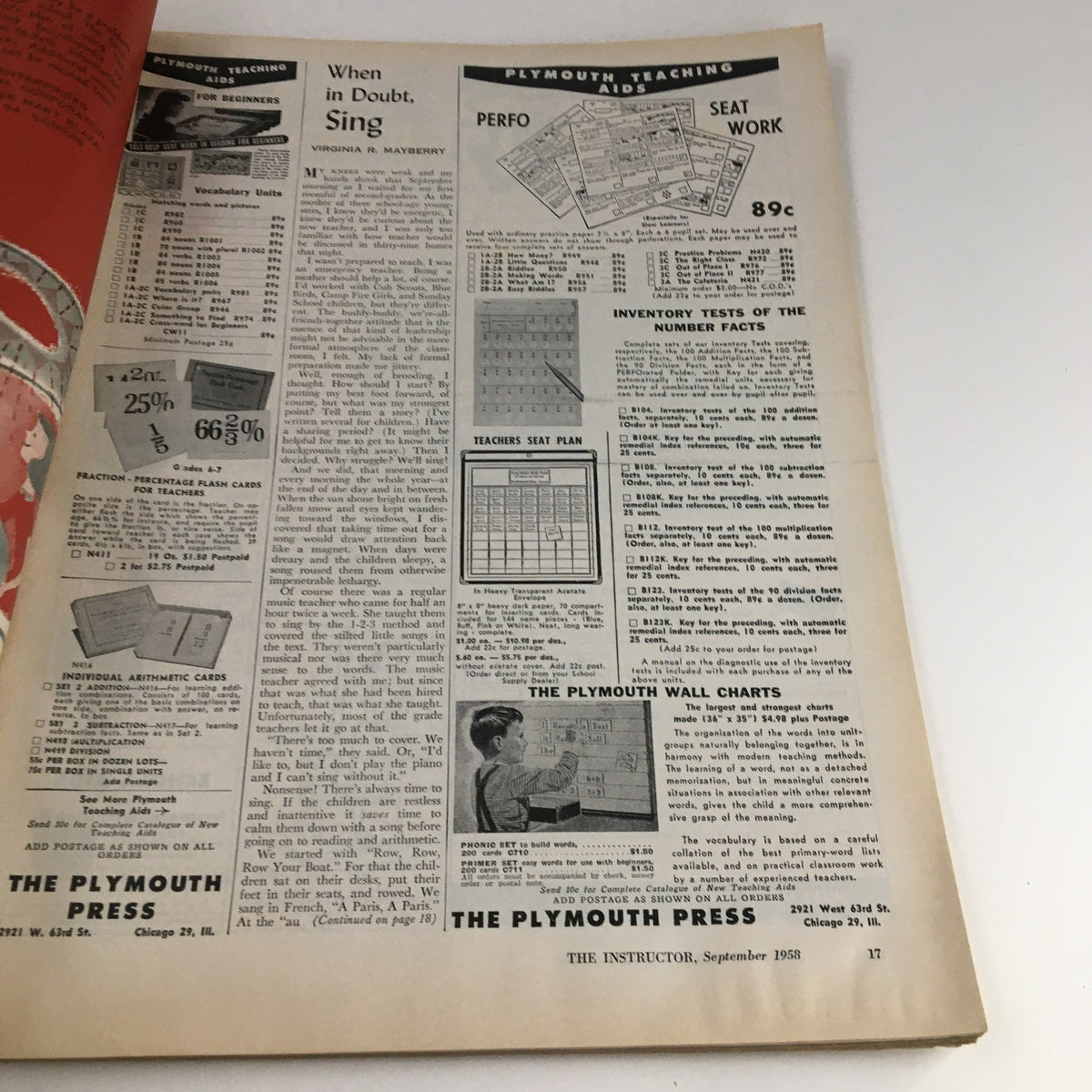 Another interior page of VTG The Instructor Magazine September 1958, showcasing educational materials and teaching aids from Plymouth Press.