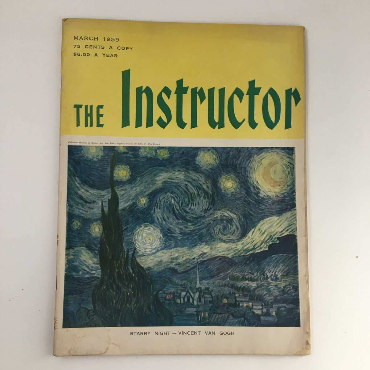 Cover of VTG The Instructor Magazine March 1959 featuring Vincent Van Gogh's Starry Night, adorned with vibrant artwork and vintage design.