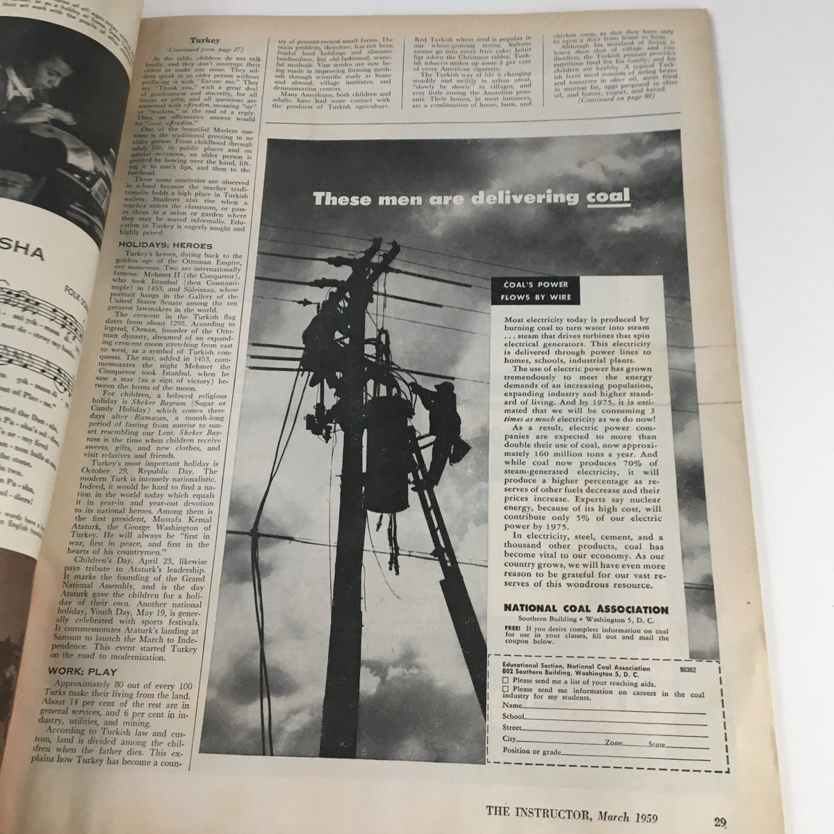 Article page from VTG The Instructor Magazine March 1959 discussing coal delivery, illustrating workers and infrastructure related to electricity.