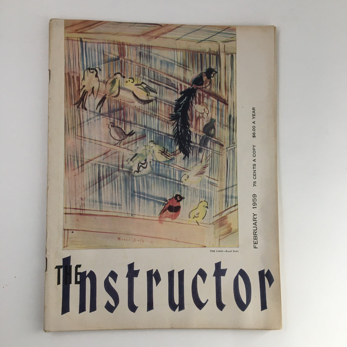 Cover of the VTG The Instructor Magazine February 1959 featuring the art subject 'The Cage' by Ronald Duffy showcasing colorful birds in a cage.