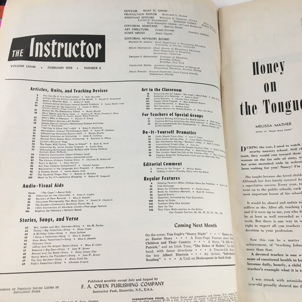 Inside page of the VTG The Instructor Magazine February 1959 displaying the table of contents, including articles and features related to art education.