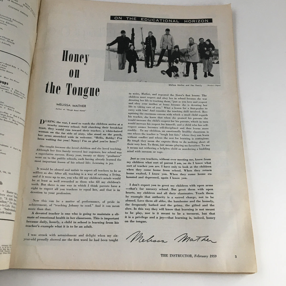 Page from VTG The Instructor Magazine February 1959 featuring 'Honey on the Tongue' by Melissa Mather, discussing early education insights and teaching experiences.