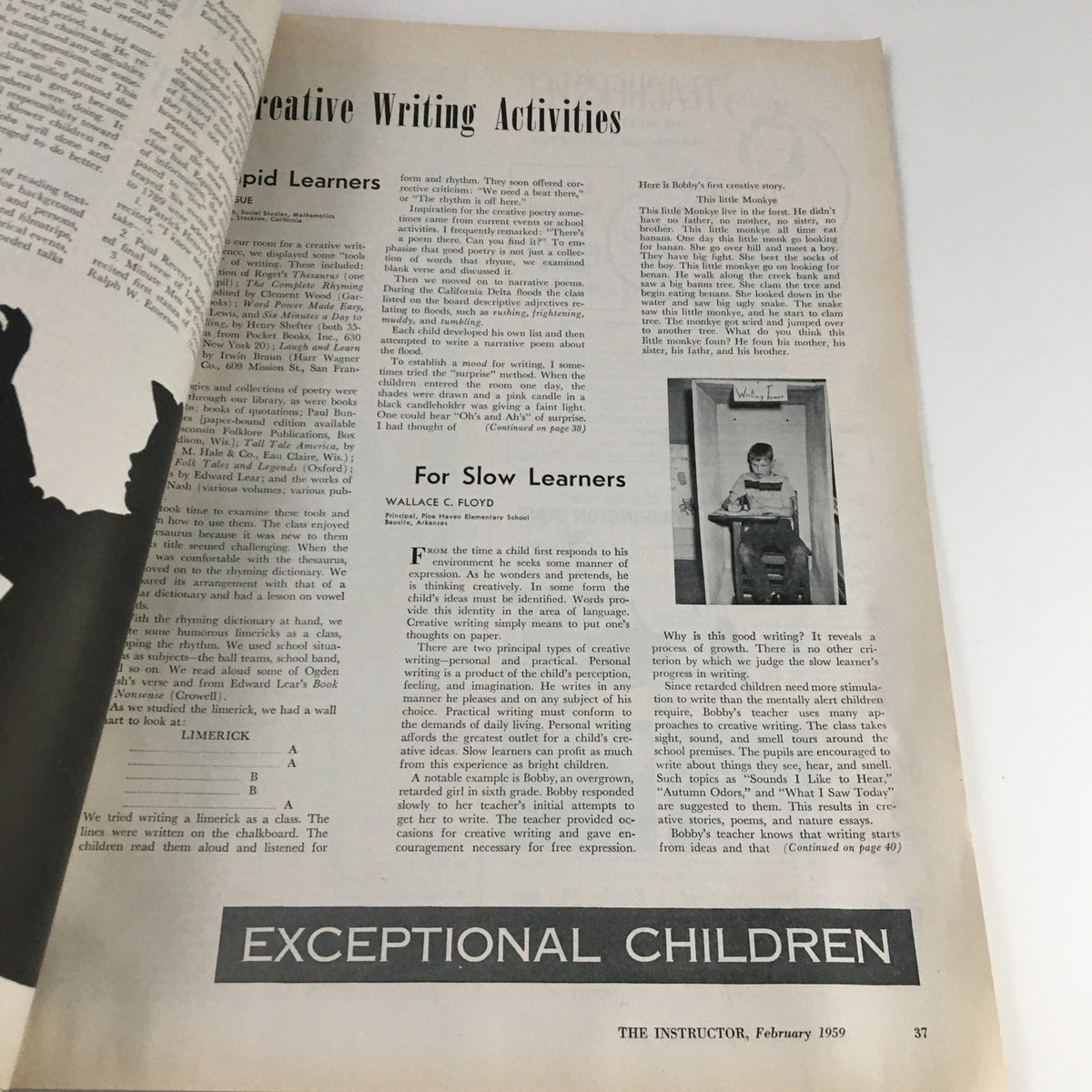 Page from VTG The Instructor Magazine February 1959 titled 'Creative Writing Activities', highlighting strategies for engaging students in creative writing.