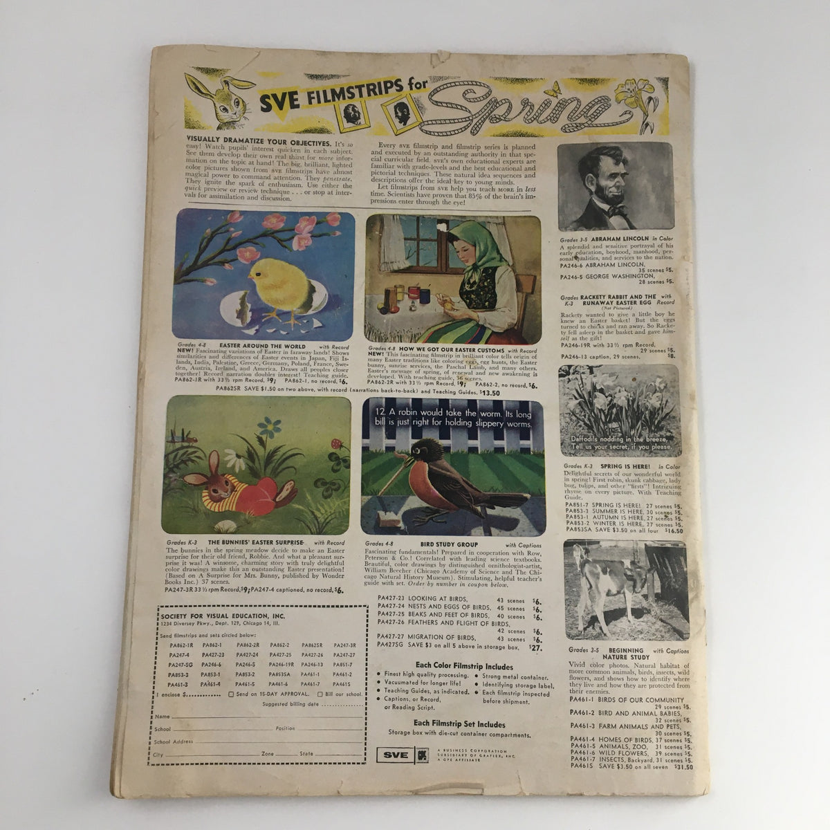 Back cover of VTG The Instructor Magazine February 1959 displaying educational filmstrips for spring topics, emphasizing creative teaching materials for visual education.