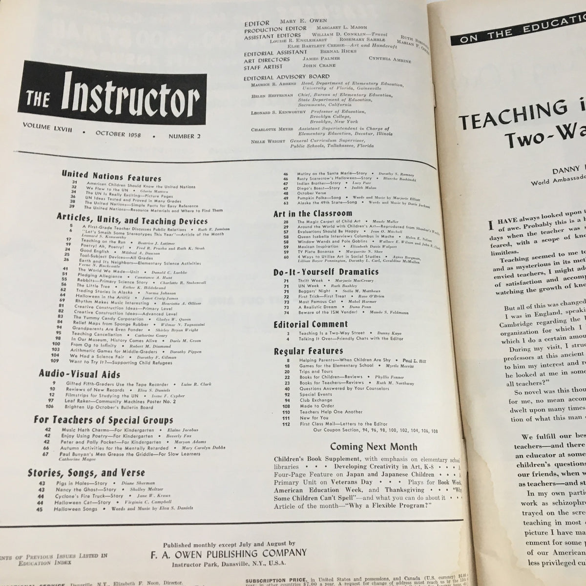 Page from VTG The Instructor Magazine October 1958 featuring contents such as articles, units, and teaching devices.