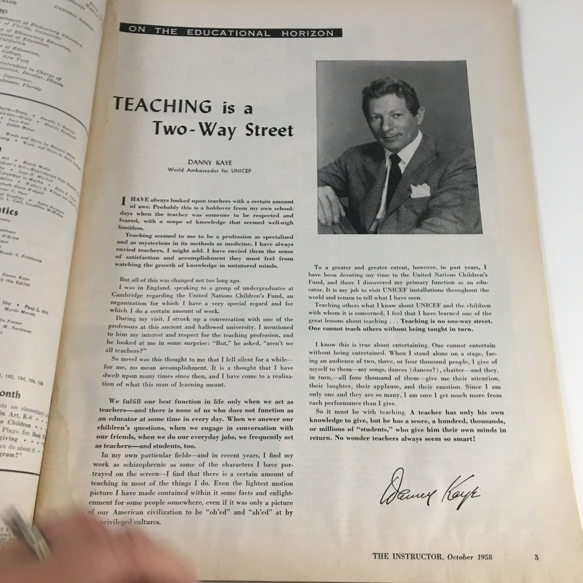 Article titled 'TEACHING is a Two-Way Street' from VTG The Instructor Magazine October 1958, featuring a portrait of Danny Kaye.