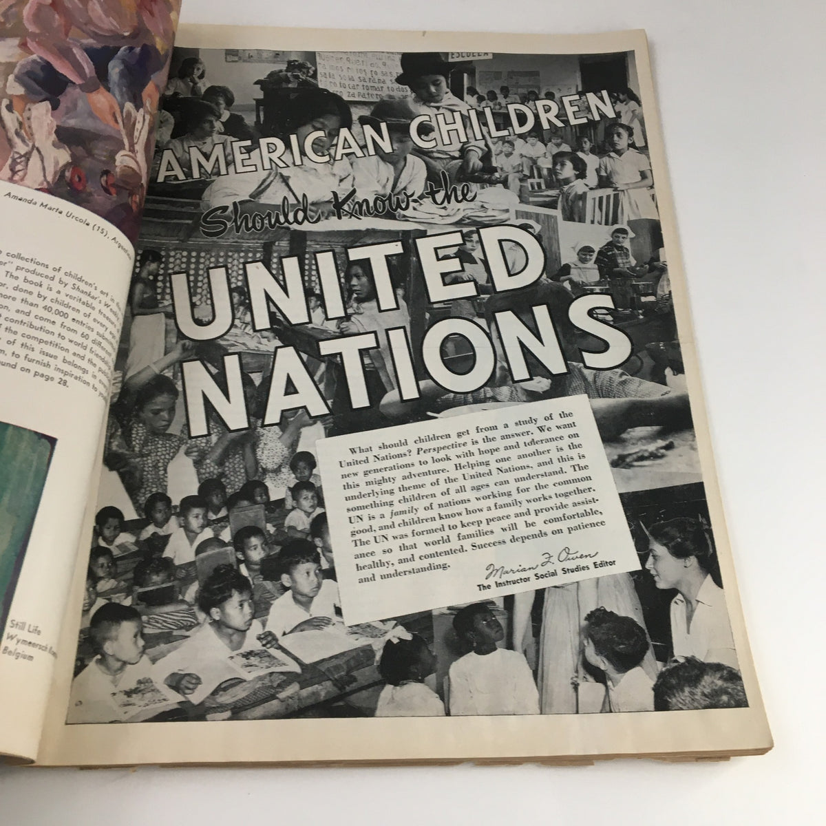 Page from VTG The Instructor Magazine October 1958 featuring a feature titled 'American Children Should Know the United Nations' with illustrations and children engaging in educational activities.