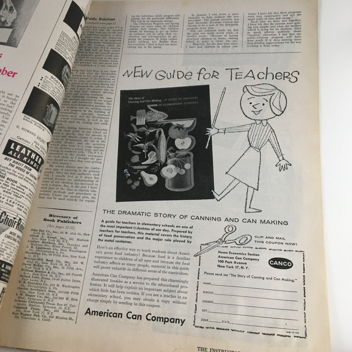Educational advertisement from VTG The Instructor Magazine October 1958 showcasing a 'New Guide for Teachers' focusing on the story of canning and can making for elementary education.