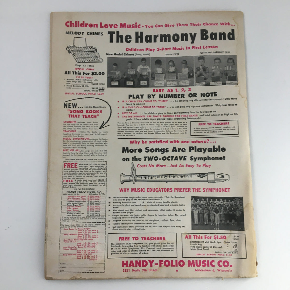 Promotional page from VTG The Instructor Magazine October 1958 advertising 'The Harmony Band' music program for children, featuring various musical instruments and educational offers.