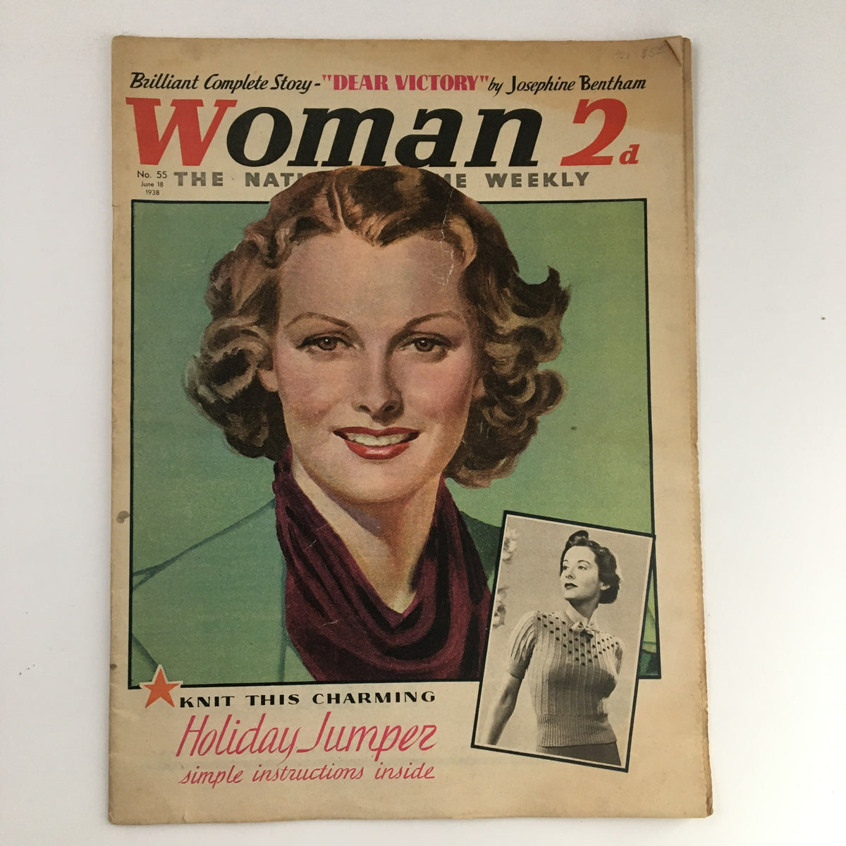 Cover of The National Home Weekly Magazine, June 18, 1938, featuring the illustration of a smiling woman with curly hair, promoting the story 'Dear Victory' by Josephine Bentham.