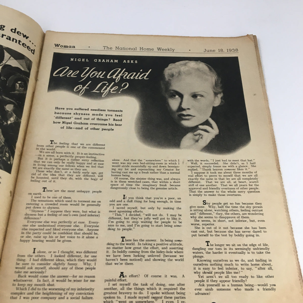 Interior page of The National Home Weekly Magazine, June 18, 1938, featuring an article titled 'Are You Afraid of Life?' with a portrait of a pensive woman alongside text on shyness and overcoming fears.