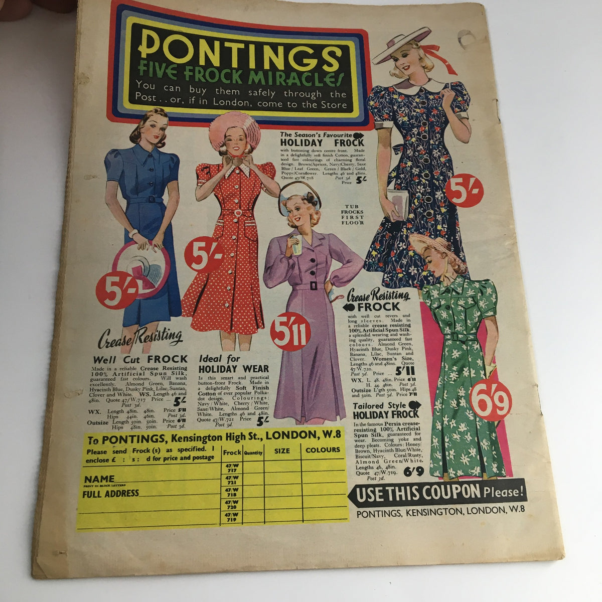 Fashion advertisement displaying dresses from Pontings in The National Home Weekly Magazine June 18, 1938. The page highlights five holiday frocks, emphasizing styles and prices that reflect the fashion trends of the late 1930s.