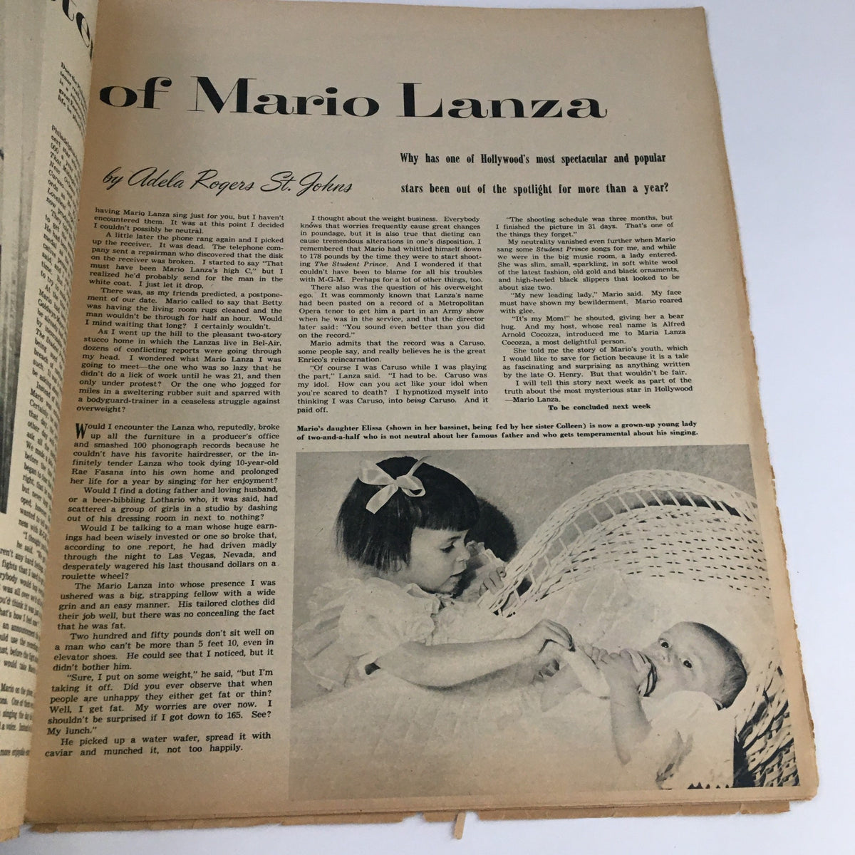 An article page from The American Weekly Magazine June 14 1953 discussing the life and career of Mario Lanza, featuring a photograph of his daughter.