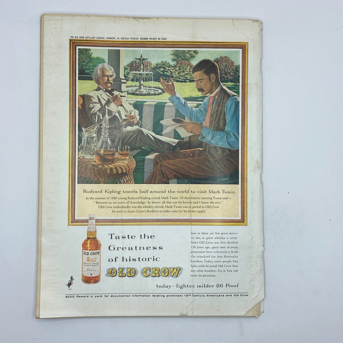 Advertisement from The New Yorker Complete Magazine April 6, 1963, showcasing Old Crow whiskey with an illustration of Rudyard Kipling and Mark Twain.