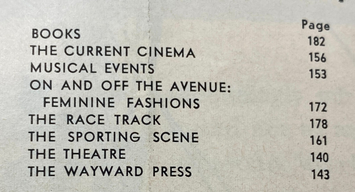 Table of contents from The New Yorker Complete Magazine April 13, 1963 Charles E. Martin Cover, featuring sections on books, current cinema, musical events, feminine fashions, and more.