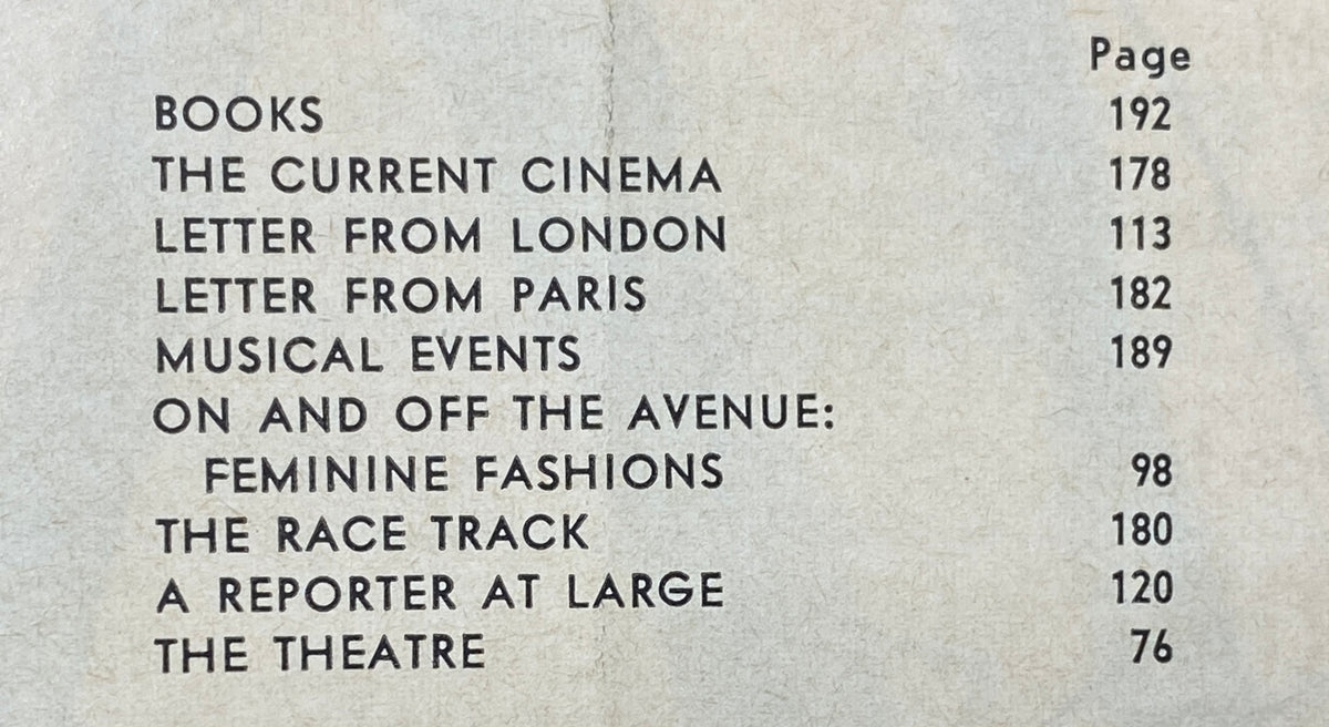Table of contents from The New Yorker Complete Magazine April 4, 1964, detailing articles such as 'Books,' 'The Current Cinema,' and various cultural insights.