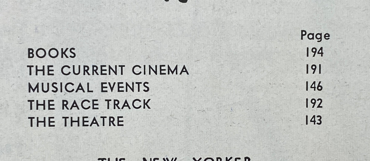 Table of contents page from The New Yorker magazine, May 9, 1964, listing sections such as Books, The Current Cinema, Musical Events, The Race Track, and The Theatre.