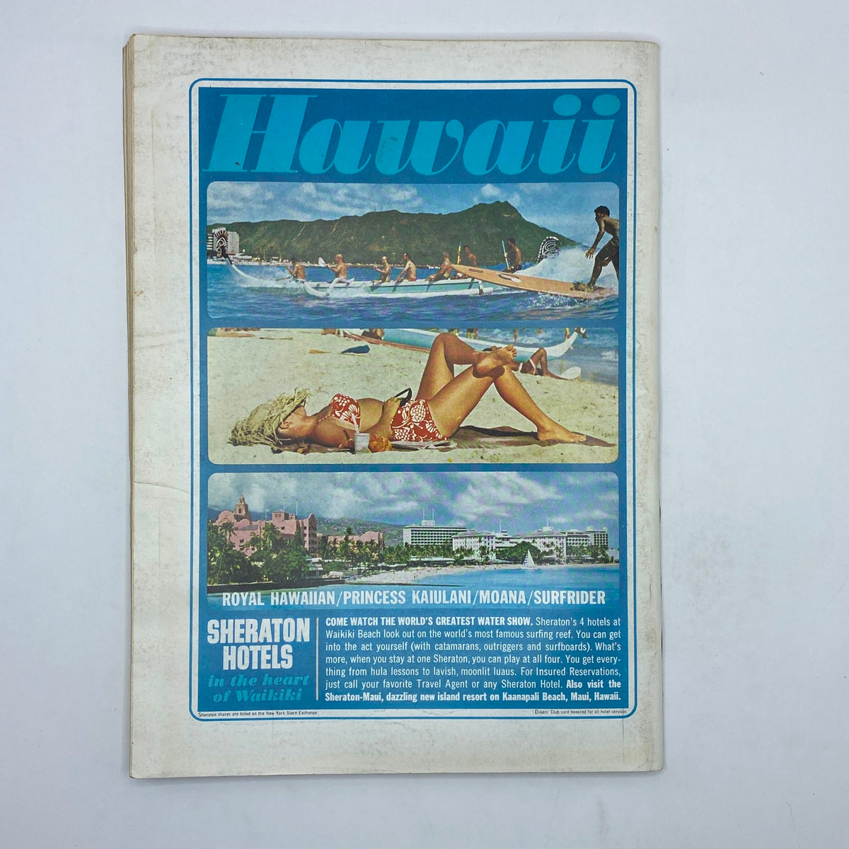 Back cover of The New Yorker magazine from May 9, 1964, featuring an advertisement for Sheraton Hotels in Hawaii, showcasing beach activities and scenic views.