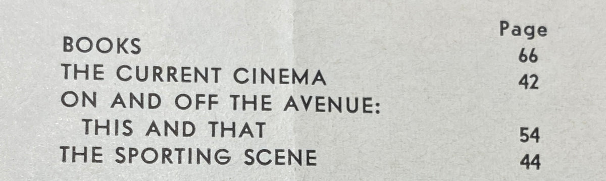 Table of contents page from The New Yorker, July 6, 1963, listing articles including 'The Current Cinema' and 'The Sporting Scene'.