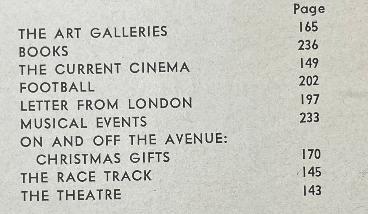 Page from The New Yorker magazine dated November 21, 1964, featuring a table of contents listing articles such as 'The Art Galleries', 'Books', and 'Theatre'.