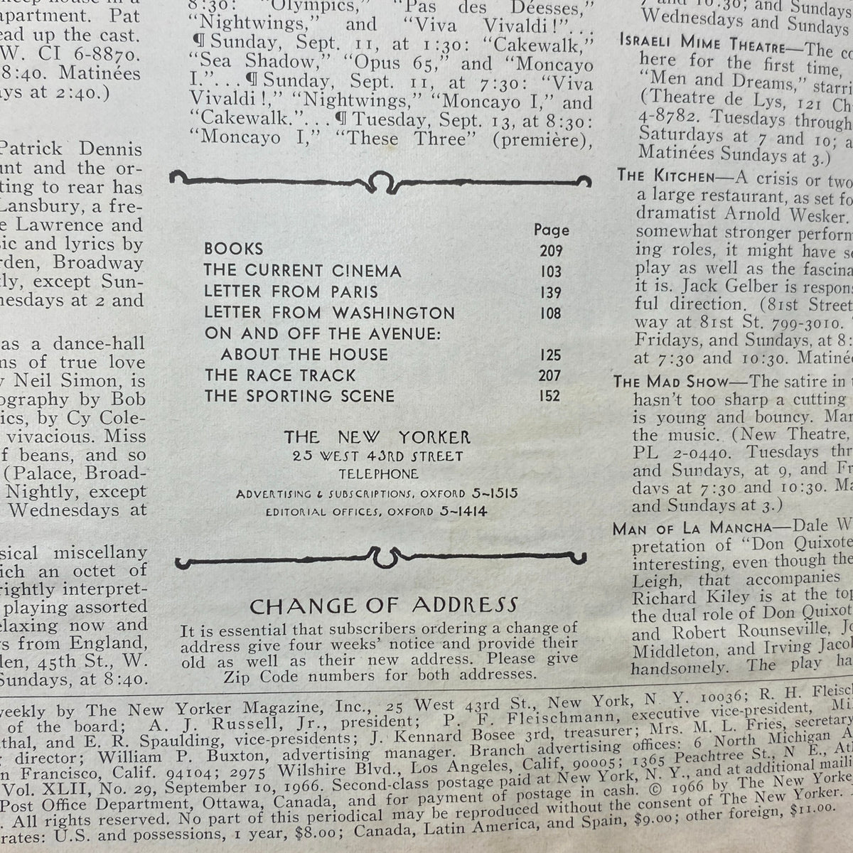 Inside page of The New Yorker magazine dated September 10, 1966 detailing articles such as 'Books', 'The Current Cinema', and 'Letter from Paris'.