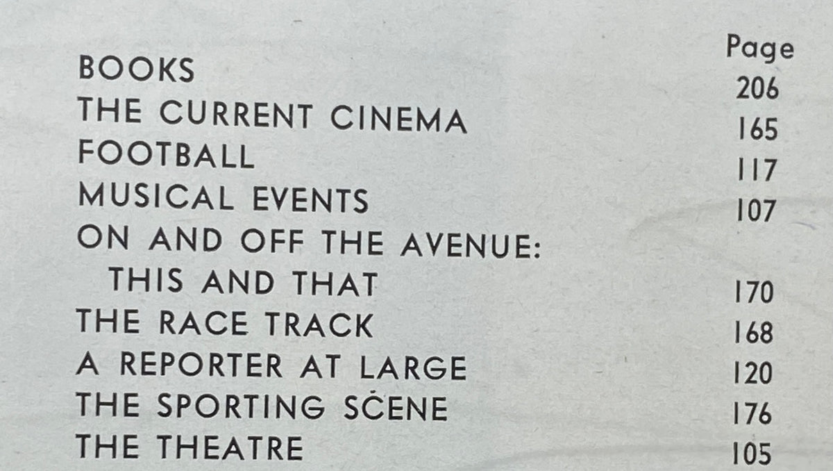 Table of contents from The New Yorker magazine October 28, 1967 listing articles and sections including 'Books', 'The Current Cinema', and 'Musical Events'.