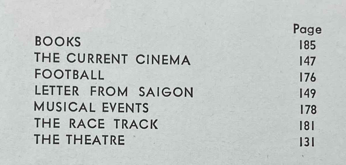 Table of contents page from The New Yorker magazine, dated October 7, 1967, featuring sections on books, cinema, football, and theatre.