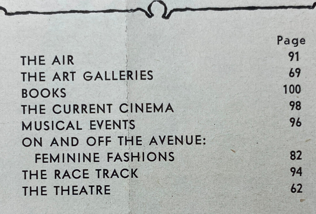 Table of contents featuring sections such as 'The Air', 'The Art Galleries', 'Books', 'The Current Cinema', and 'Theatre' from The New Yorker Complete Magazine February 28, 1959 Edna Eicke Cover.