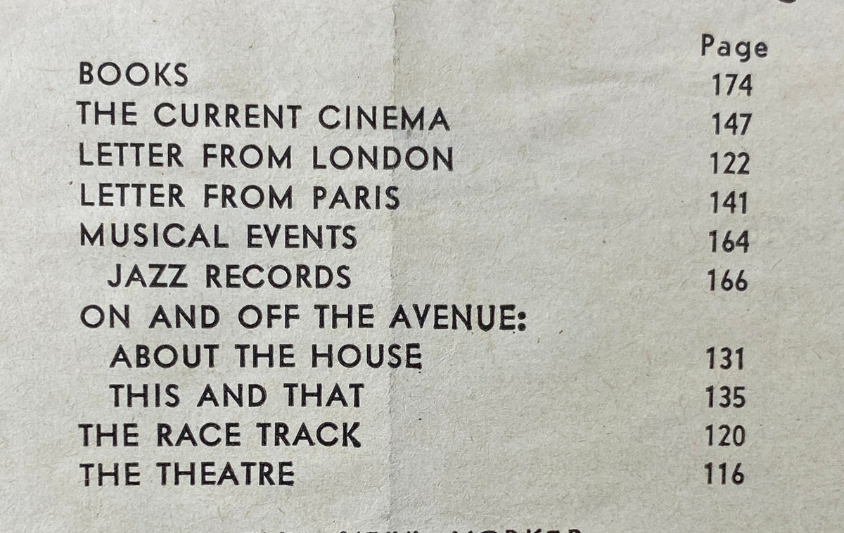 Table of contents from The New Yorker Complete Magazine April 23, 1960, highlighting various sections such as 'The Current Cinema' and 'Letter from London'.