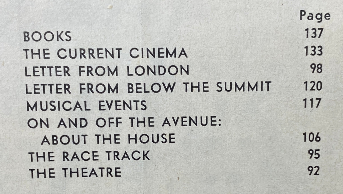 Table of contents from The New Yorker magazine dated May 28, 1960, highlighting articles like 'Current Cinema', 'Letter from London', and features on theatre and events.
