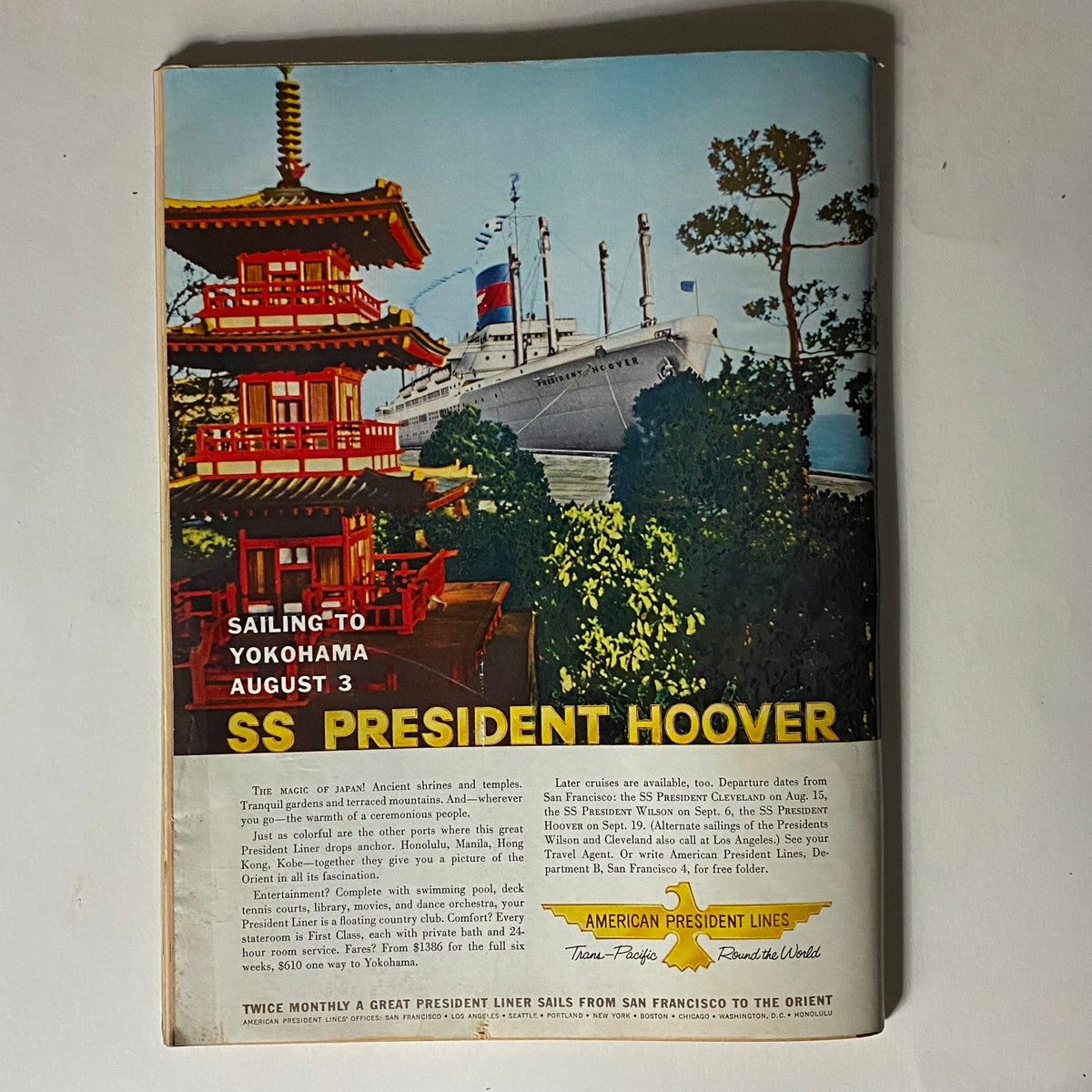Cover of The New Yorker Complete Magazine from May 28, 1960 featuring a vibrant scene with the SS President Hoover ship sailing to Yokohama, surrounded by a traditional Japanese pagoda and lush greenery.