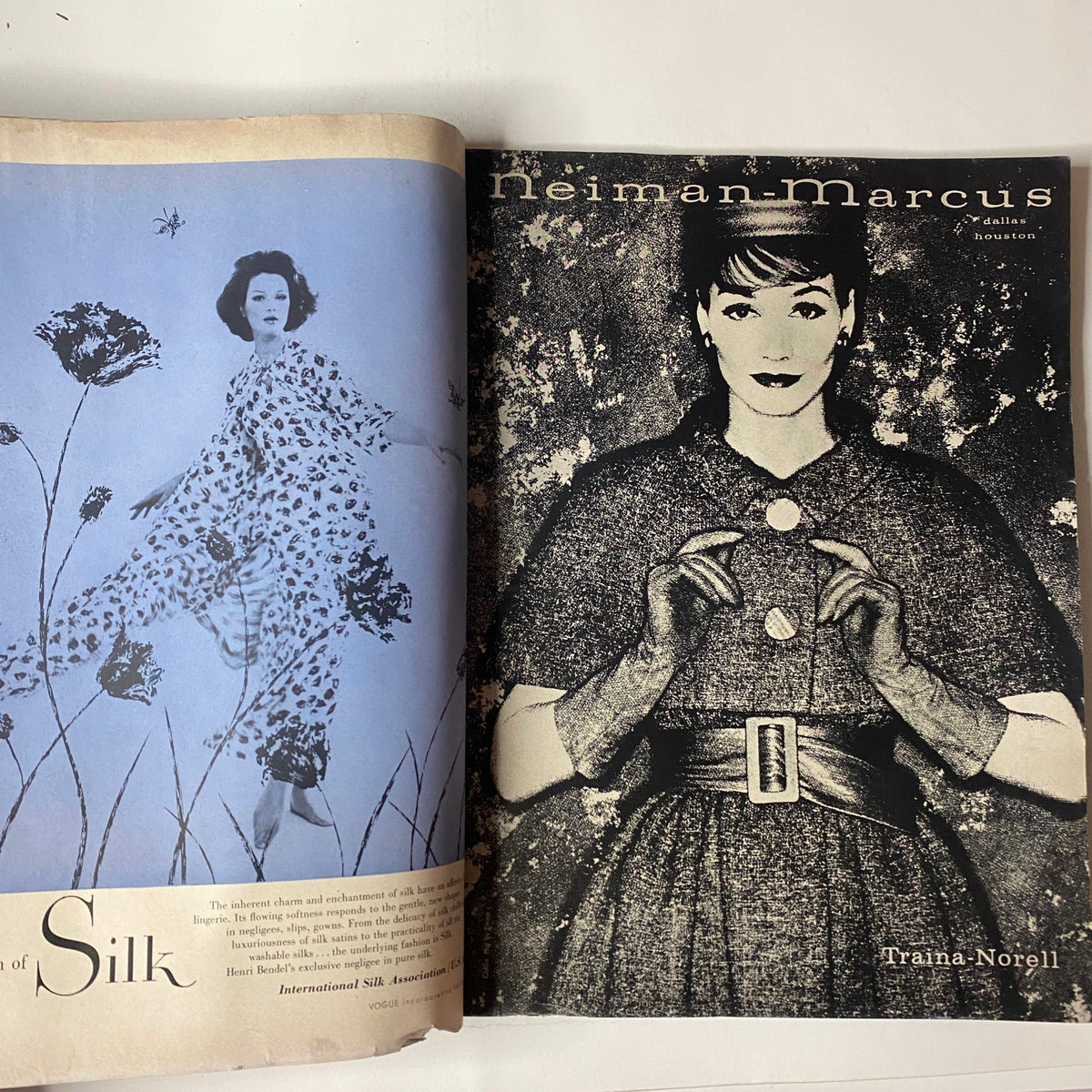 Vogue Magazine March 1, 1959 featuring an advertisement for Neiman Marcus by Irving Penn, showcasing a fashion model in a stylish outfit amidst floral designs.