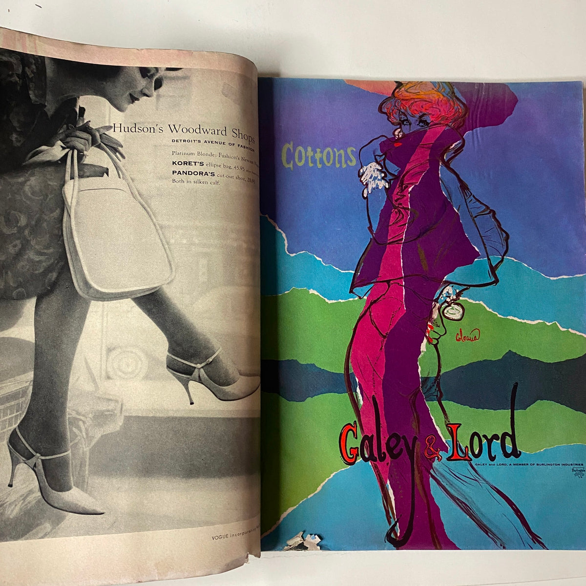 Vogue Magazine March 1, 1959 showcasing a vibrant advertisement for Galey & Lord, depicting a colorful fashion illustration with a stylish figure in a striking pink outfit.