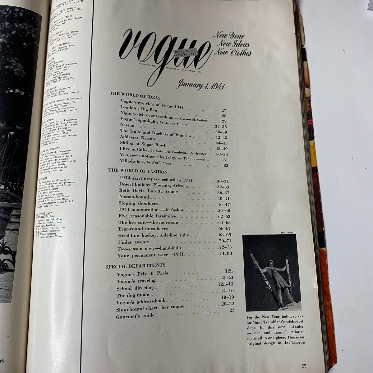 Table of contents page from Vogue Magazine January 1, 1941 Ski Girl Cover by Toni Frissell, detailing the articles within.