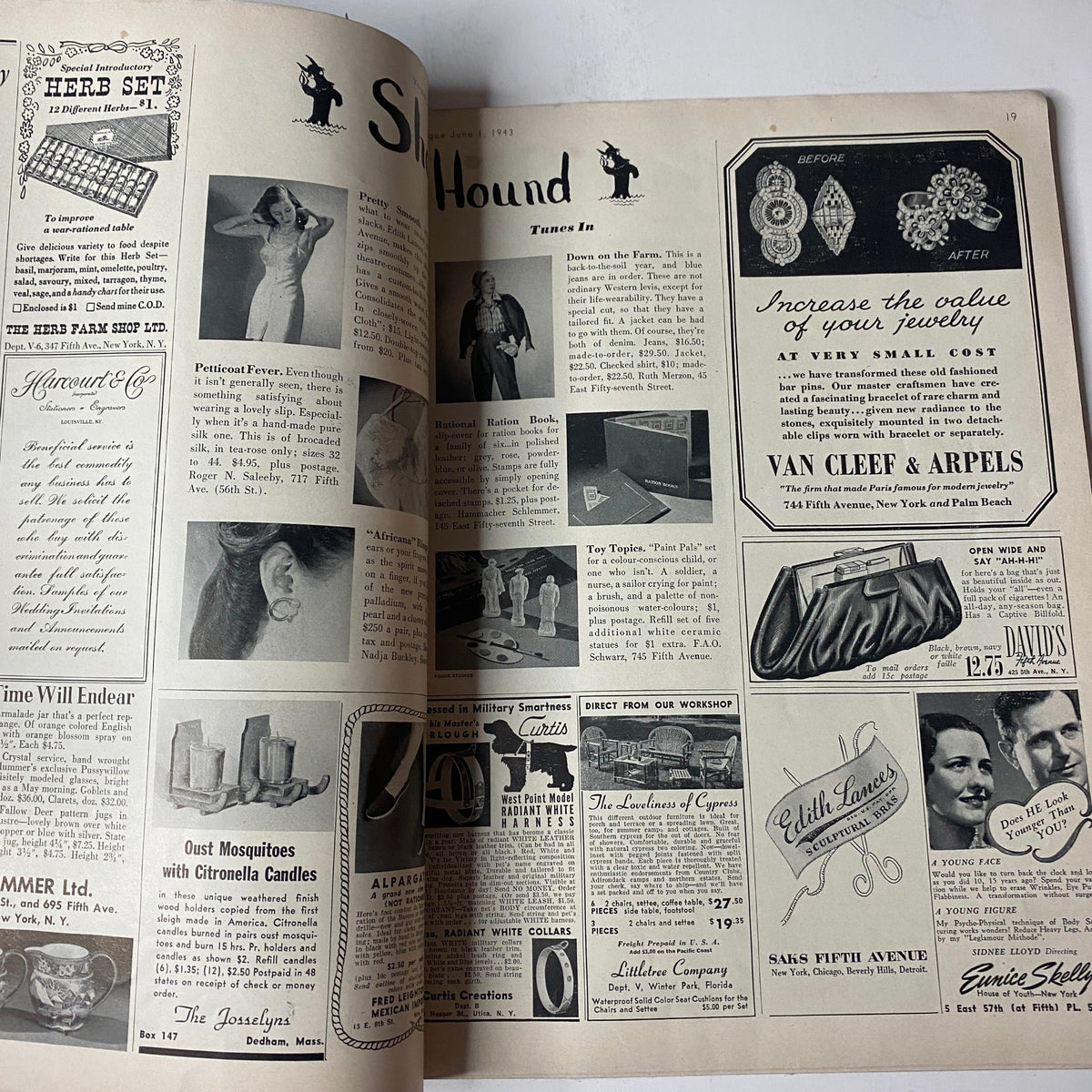 Another interior page of Vogue Magazine June 1, 1943 Florence Dornin Cover by John Rawlings, displaying vintage ads and design.