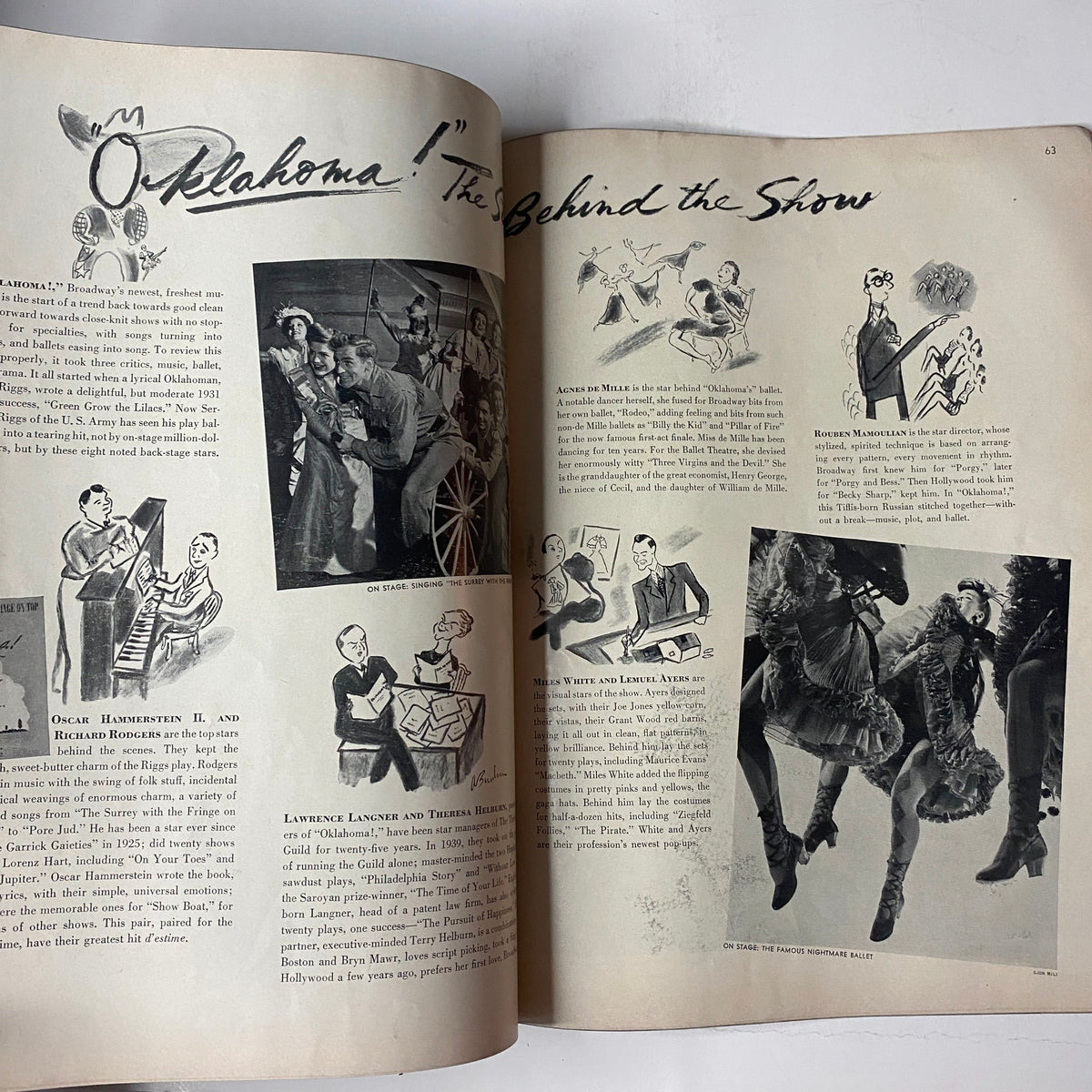 Vogue Magazine June 1, 1943 Florence Dornin Cover by John Rawlings GD Interior showcasing 'Oklahoma' The Behind the Show article with illustrations and photographs of characters and performances.