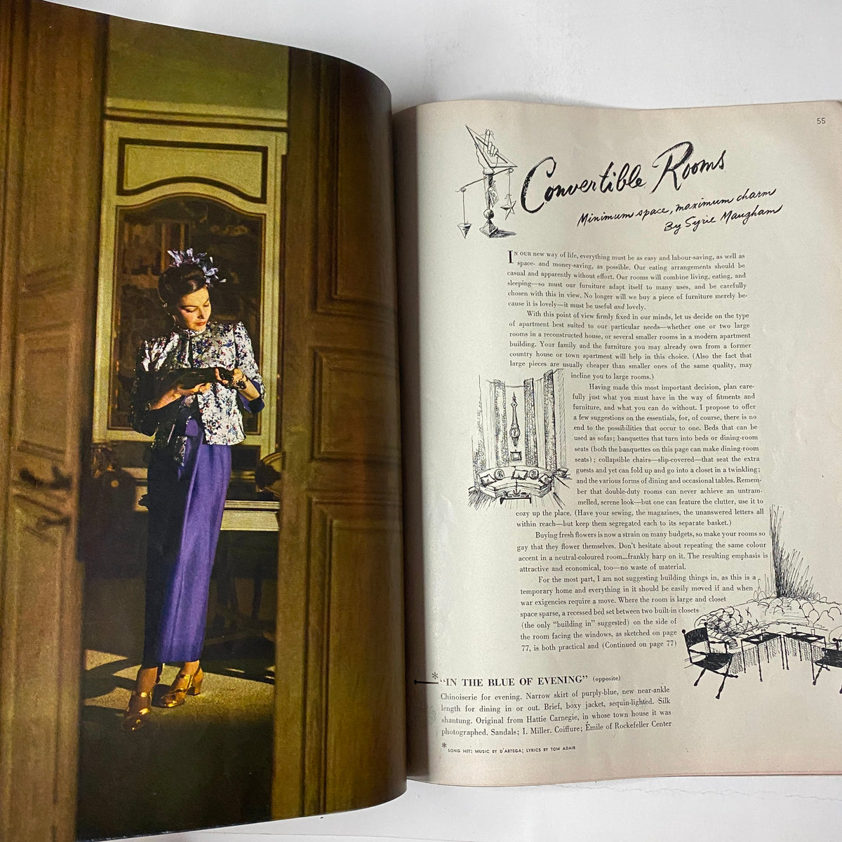 Vogue Magazine June 1, 1943 Florence Dornin Cover by John Rawlings GD Interior featuring a fashion spread titled 'Convertible Rooms' with a model in elegant attire and stylish room design.