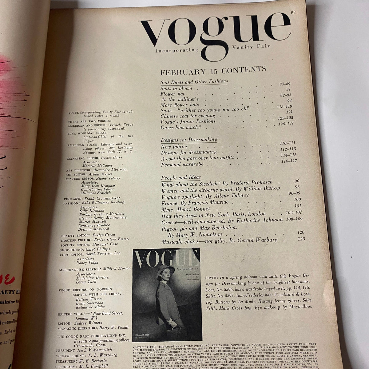 Table of contents page from Vogue Magazine February 15, 1945, featuring articles on fashion and culture, indicative of the publication's historical significance in design and style.