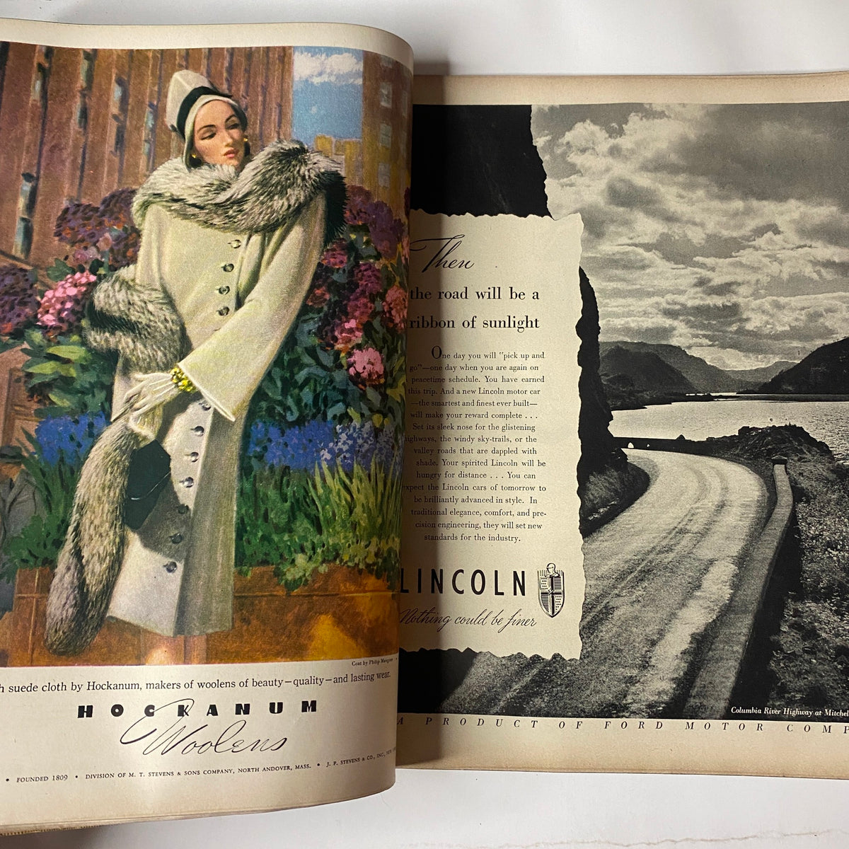 Interior spread from Vogue Magazine February 15, 1945, displaying a seasonal fashion advertisement, which highlights the luxurious fabric and sophisticated aesthetics of the time.