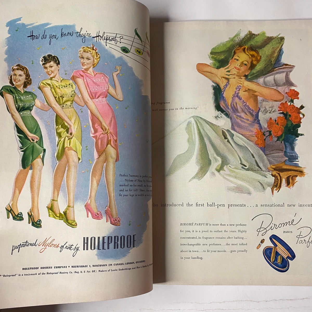 Advertisement page from Vogue Magazine November 1, 1946, featuring styles by Holeproof. This colorful illustration highlights fashion trends from the 1940s.