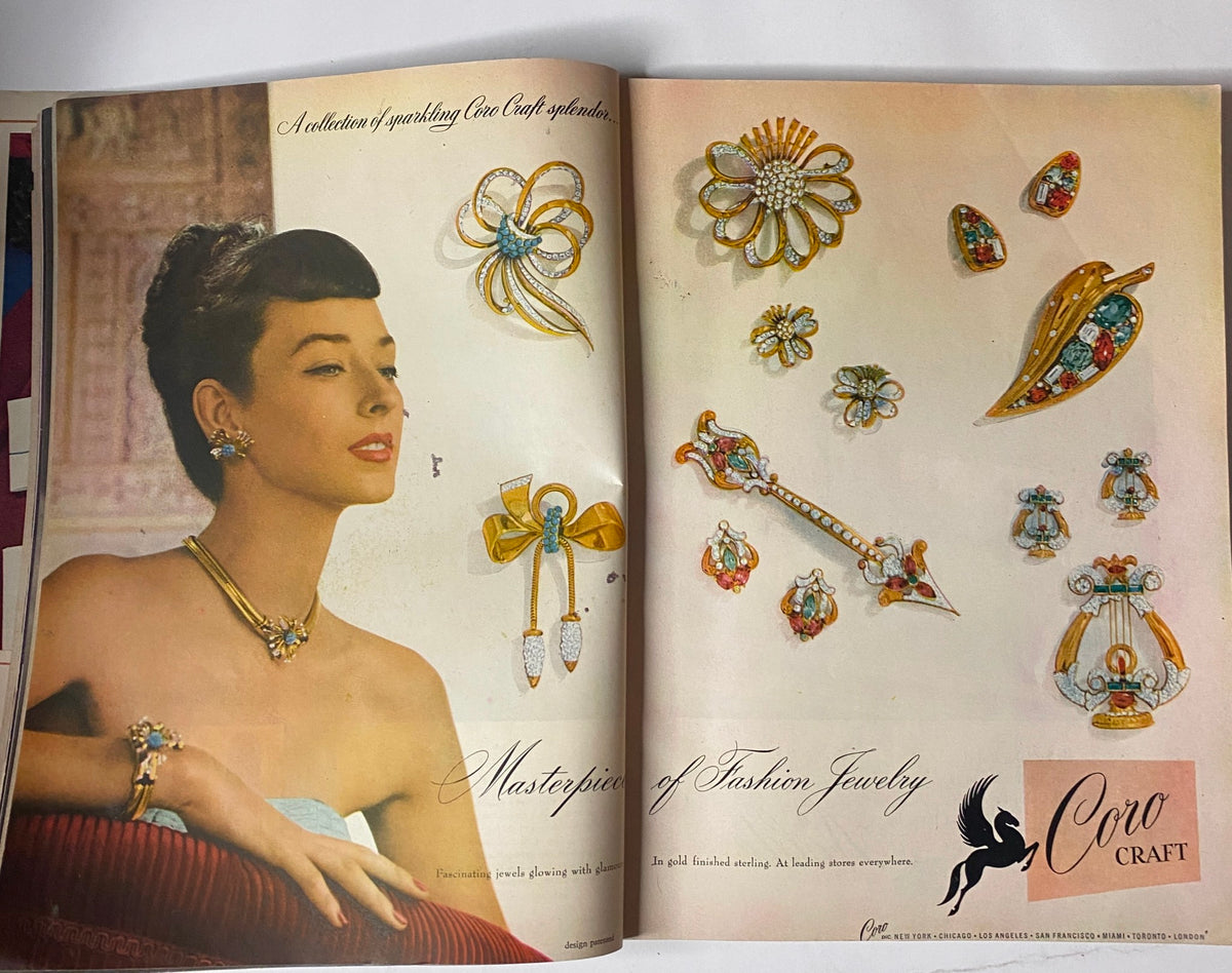 Fashion jewelry advertisement from Vogue Magazine November 1, 1946, displaying exquisite pieces from Coro Craft, highlighted by a model wearing stunning accessories.