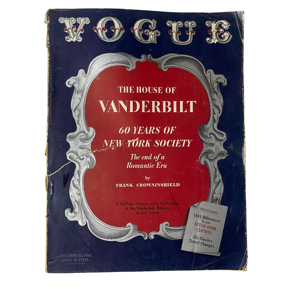 Cover of Vogue Magazine from November 15, 1941 titled 'The House of Vanderbilt', featuring a decorative design and bold text highlighting '60 Years of New York Society' and 'The end of a Romantic Era' by Frank Crowninshield.