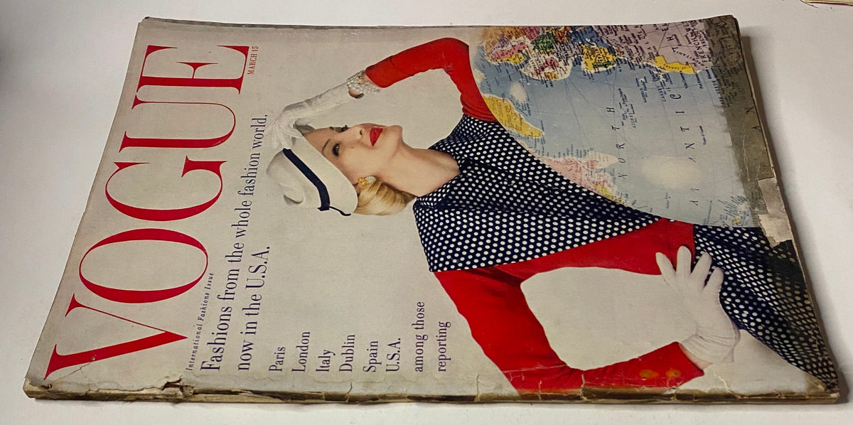 Side view of the March 15, 1955 Vogue Magazine cover, highlighting Sunny Harnett by John Rawlings, emphasizing global fashion trends.