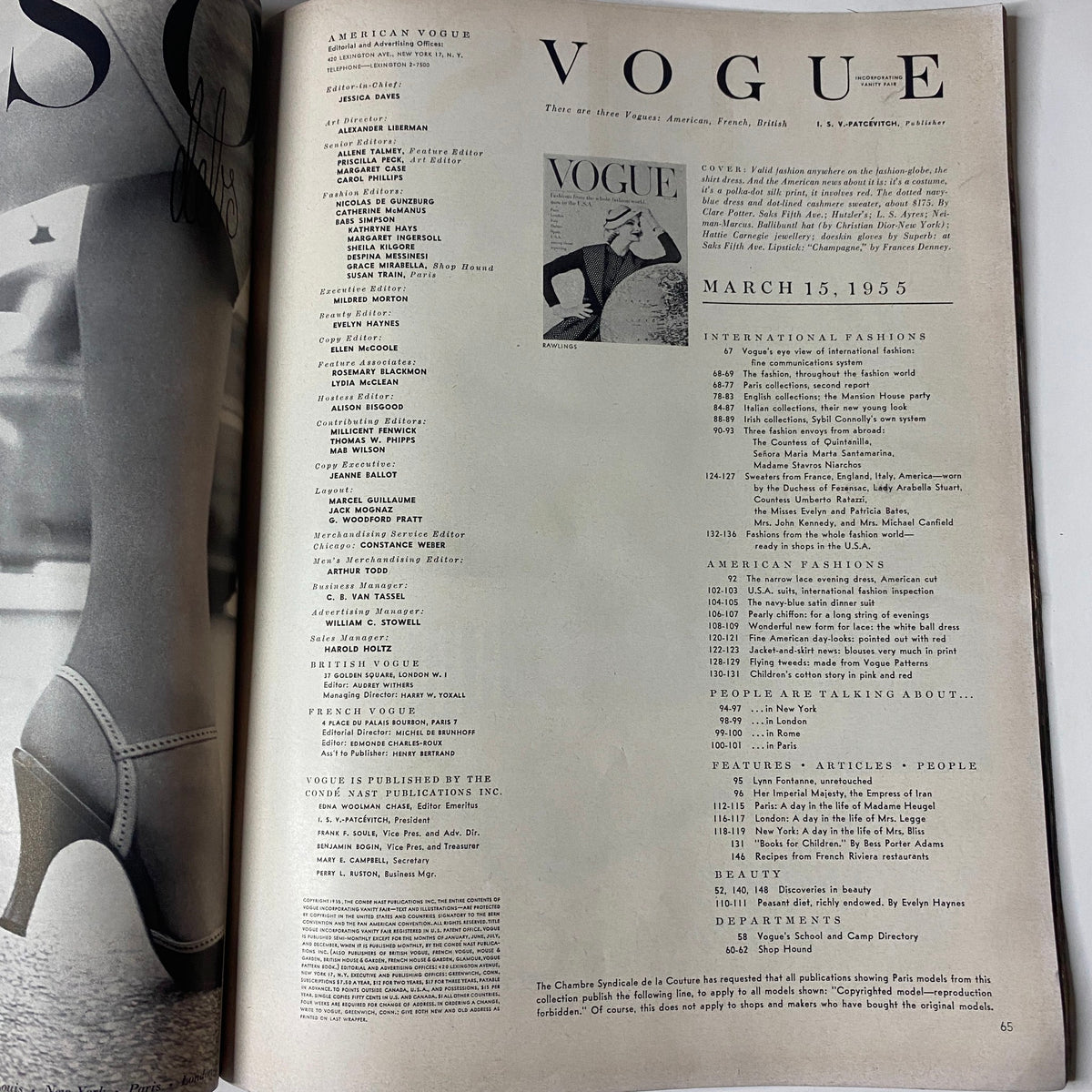 Interior page of the March 15, 1955 Vogue Magazine, listing contents and articles related to international and American fashion.