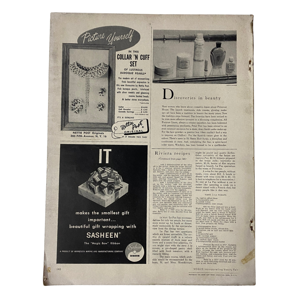 Interior page of Vogue Magazine March 15, 1955 showcasing beauty discoveries and an advertisement for custom collar and cuff sets. Titled 'Vogue Magazine March 15, 1955 Sunny Harnett by John Rawlings GD Interior', it features a page number of 148 highlighting its vintage nature.