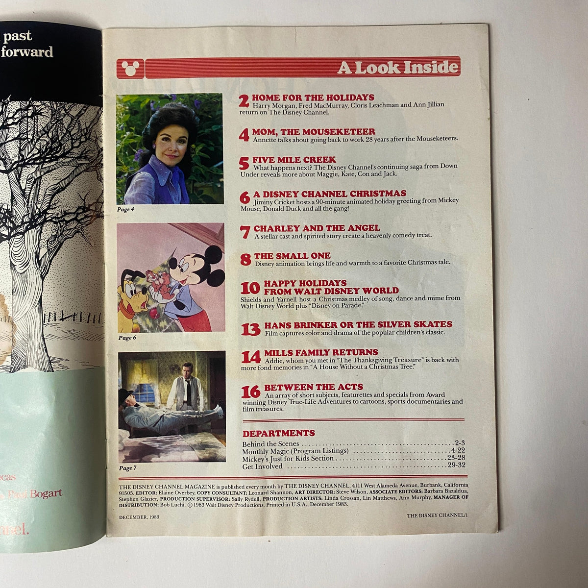 Inside look of The Disney Channel Magazine December 1983 displaying content pages, including features on holiday shows and classic Disney characters.