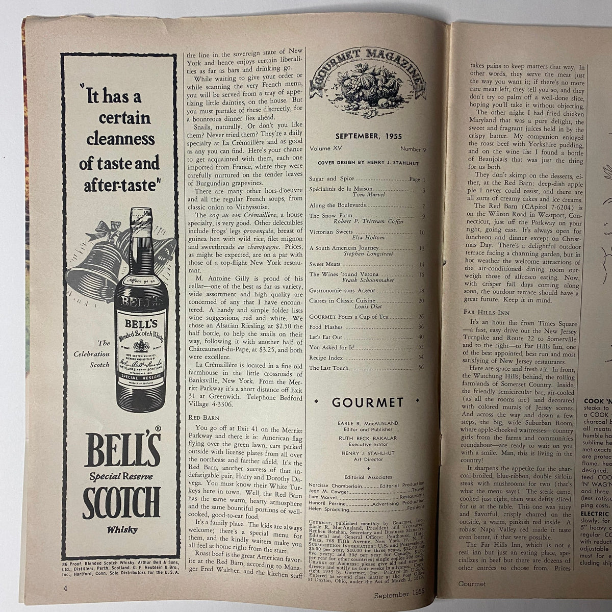 Interior page of Gourmet Magazine September 1955 showcasing an advertisement for Bell's Scotch Whiskey, highlighting its taste in a vintage layout.