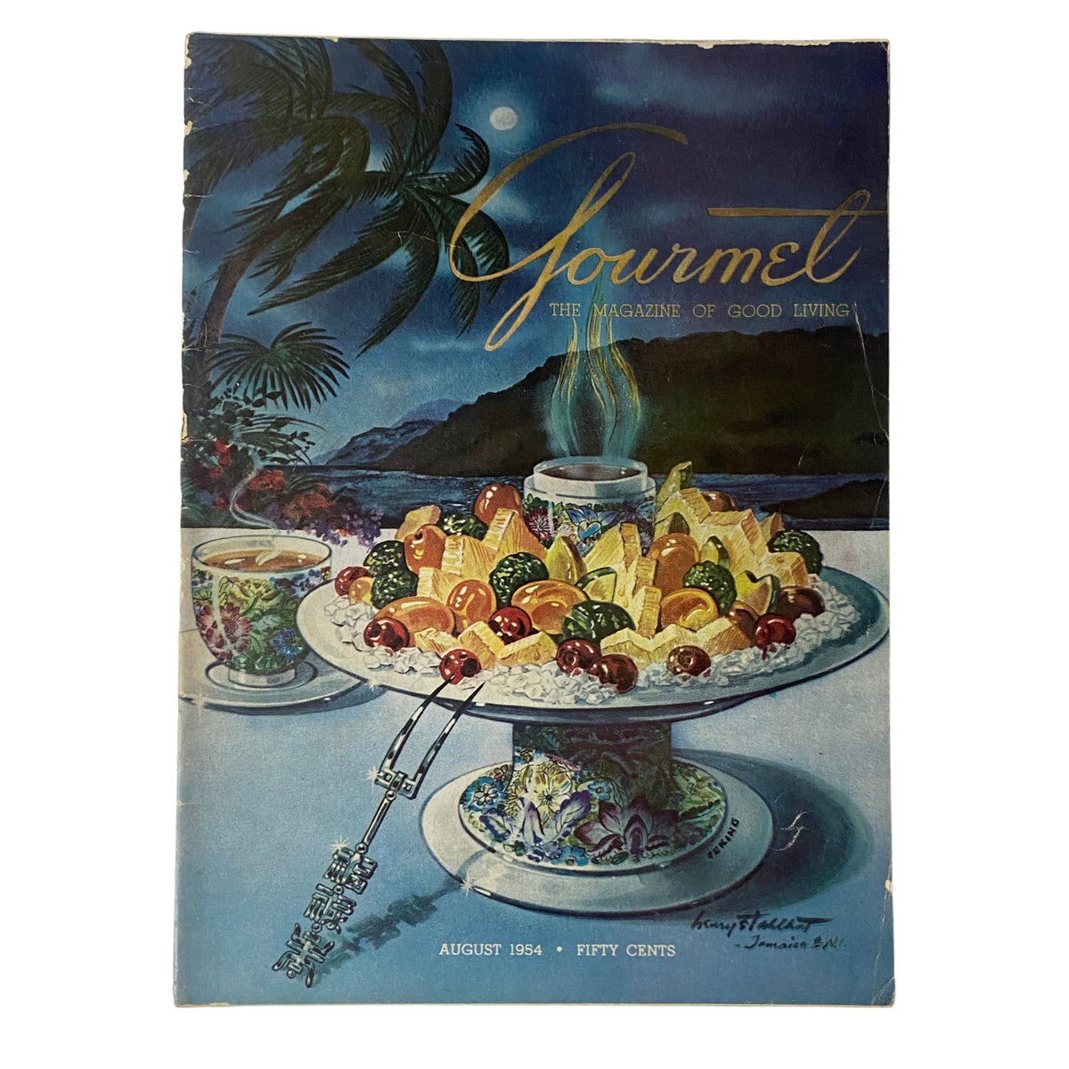 Cover of Gourmet Magazine, August 1954, featuring a vibrant illustration of a fruit and dessert centerpiece, designed by Henry J. Stahlhut. This vintage magazine highlights culinary themes and is a collectible item.