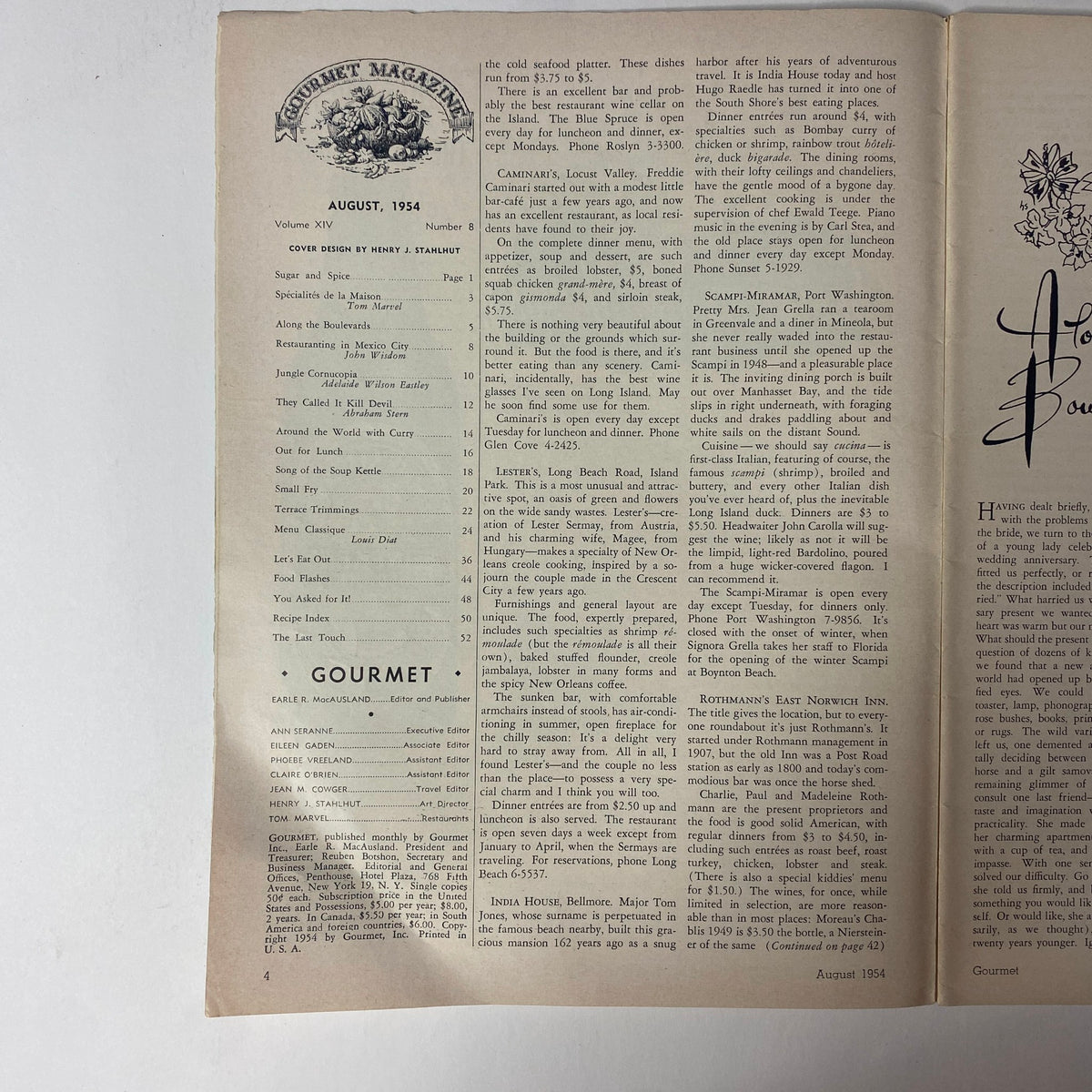 Interior page of Gourmet Magazine, August 1954, showing the table of contents and various culinary articles. This page reflects the magazine's rich history of food writing and mid-century recipes.